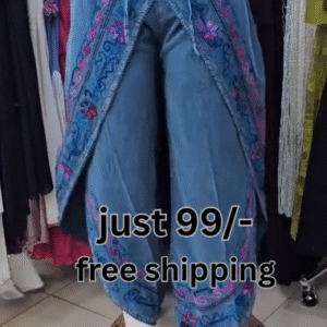 Trendy Embroidered Denim Palazzo Pants for Women | Stylish Wide Leg Boho Jeans | Fashionable Casual & Party Wear Bottoms