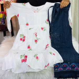 Elegant White Embroidered Tiered Top with Blue Cargo Pants – Trendy Casual Chic