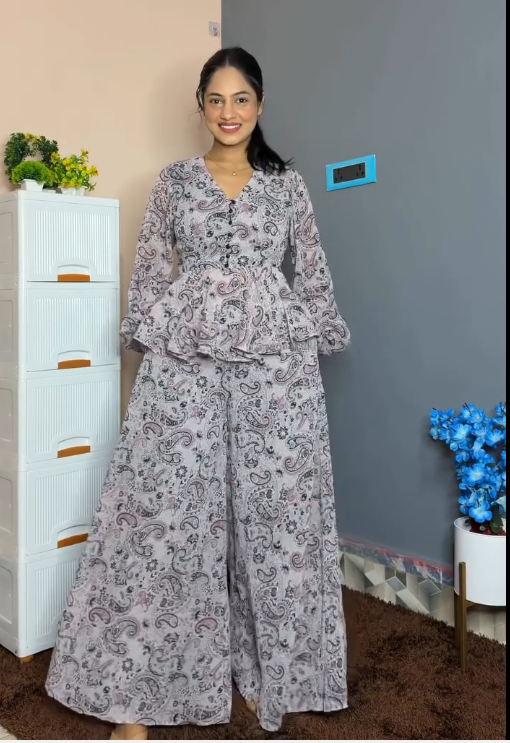 Elegant Printed Peplum Co-Ord Set for Women – Stylish Flowy Palazzo Outfit at