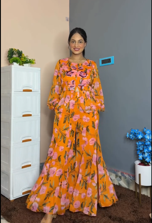 Elegant Printed Peplum Co-Ord Set for Women – Stylish Flowy Palazzo Outfit at - Image 3