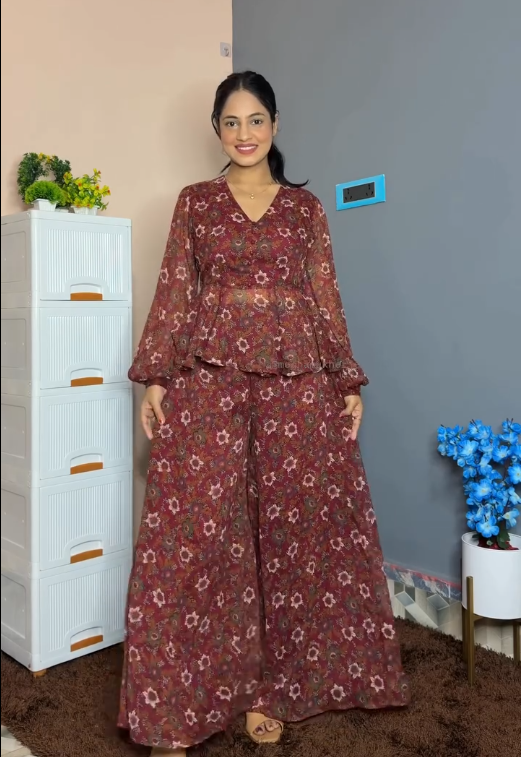 Elegant Printed Peplum Co-Ord Set for Women – Stylish Flowy Palazzo Outfit at - Image 2