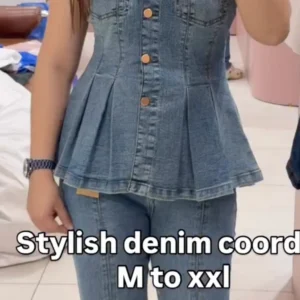Trendy Denim Co-Ord Set – Sleeveless Peplum Top with Flared Jeans at Just ₹149