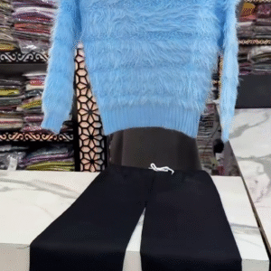 Light Blue Shaggy Fluffy Knit Sweater – Soft Cozy Textured Pullover for Effortless Everyday Style