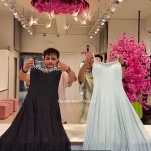 Elegant Fox Georgette Ruffle Gown with Embroidered Neckline – Graceful Party & Occasion Wear