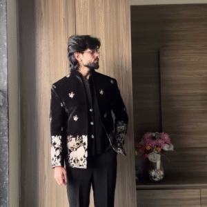 Luxury Black Velvet Bandhgala Suit with White Floral & Lion Embroidery – Premium Ethnic Formal Wear for Men