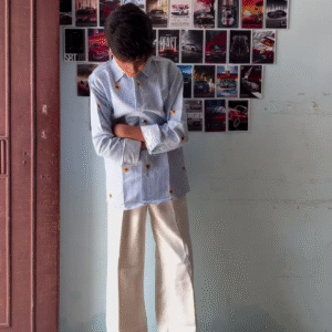 Vertical Stripe Shirt with Embroidered Sunflower Details & Matching Trousers – Chic Coordinated Casual Wear Set