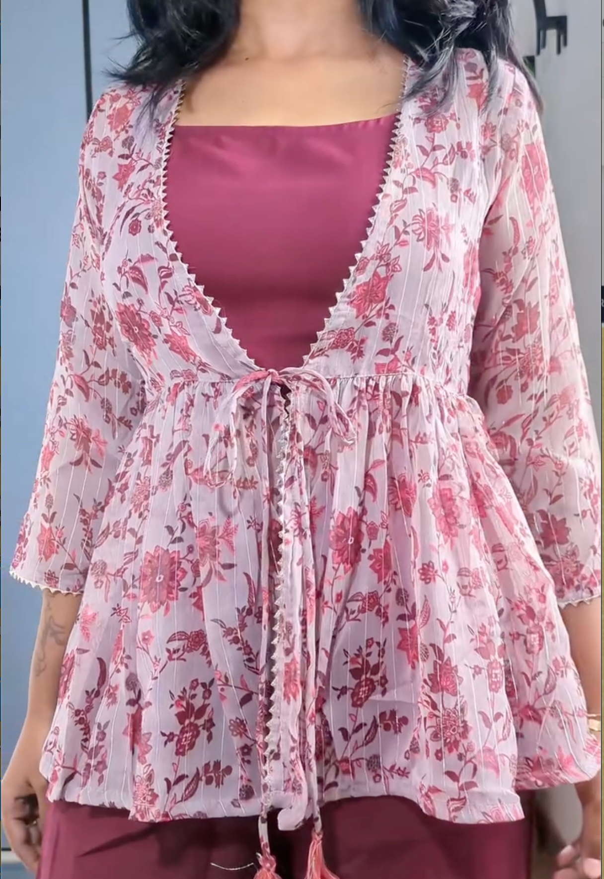 Women's Floral Printed 3-Piece Co-Ord Set – Stylish Shrug, Inner Top & Palazzo Set - Image 3
